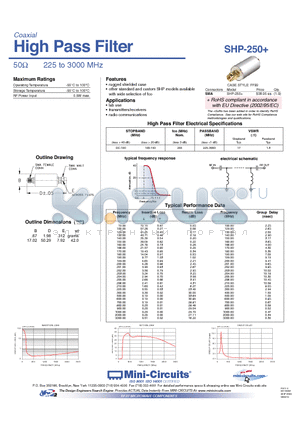 SHP-250+ datasheet - High Pass Filter 50Y 225 to 3000 MHz