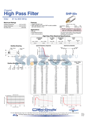 SHP-50 datasheet - High Pass Filter 50Y 41 to 800 MHz