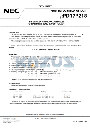 UPD17P218 datasheet - 4-BIT SINGLE-CHIP MICROCONTROLLER FOR INFRARED REMOTE CONTROLLER