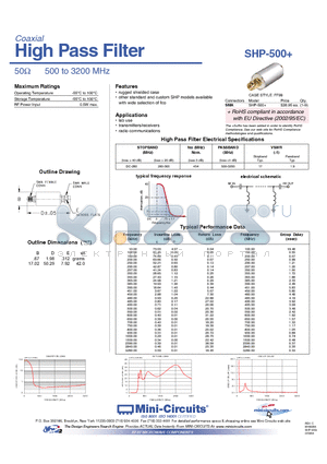 SHP-500 datasheet - High Pass Filter 50Y 500 to 3200 MHz