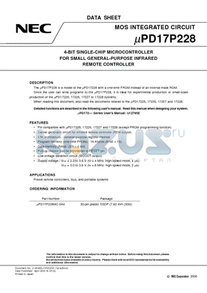 UPD17P228 datasheet - 4-BIT SINGLE-CHIP MICROCONTROLLER FOR SMALL GENERAL-PURPOSE INFRARED REMOTE CONTROLLER