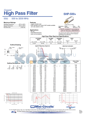 SHP-500+ datasheet - High Pass Filter 50Y 500 to 3200 MHz