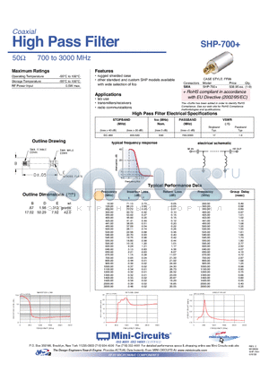 SHP-700+ datasheet - High Pass Filter 50Y 700 to 3000 MHz