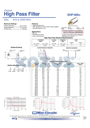 SHP-900 datasheet - High Pass Filter 50Y 910 to 3000 MHz