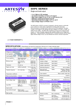 SHP5-05D05 datasheet - Single and dual output 3 to 5 Watt Wide input DC/DC converters