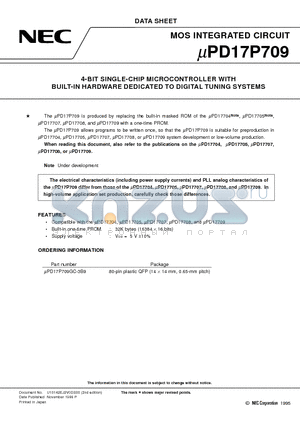 UPD17P709 datasheet - 4-BIT SINGLE-CHIP MICROCONTROLLER WITH BUILT-IN HARDWARE DEDICATED TO DIGITAL TUNING SYSTEMS