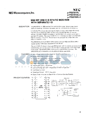 UPD2101AL-4 datasheet - 1024 BIT (256 X 4) STATIC MOS RAM WITH SEPARATE I/O