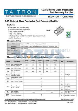 TCDR1GW datasheet - 1.0A Sintered Glass Passivated Fast Recovery Rectifier