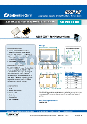 SHPCIE100 datasheet - 3.3V HCSL Low Jitter 100MHz PCIe^ 2.0 XO