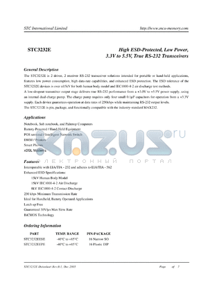 STC3232EEPE datasheet - High ESD-Protected, Low Power, 3.3V to 5.5V, True RS-232 Transceivers