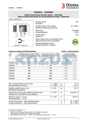 S16ASD2 datasheet - Surface Mount Silicon Rectifier Diodes - Half Bridge