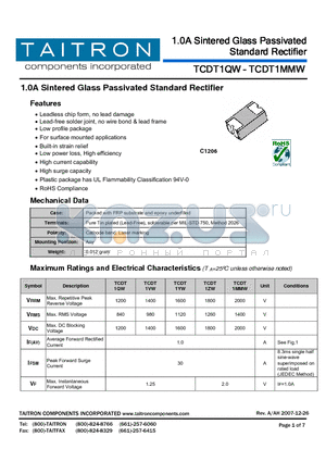 TCDT1YW datasheet - 1.0A Sintered Glass Passivated Standard Rectifier