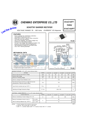 S16C100PT datasheet - SCHOTTKY BARRIER RECTIFIER