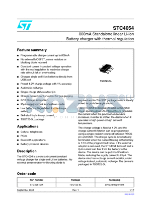 STC4054 datasheet - 800mA Standalone linear Li-Ion Battery charger with thermal regulation