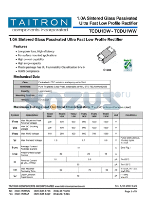 TCDU1JW datasheet - 1.0A Sintered Glass Passivated Ultra Fast Low Profile Rectifier