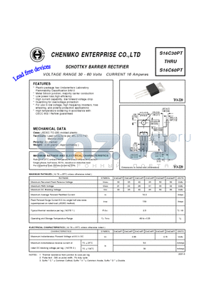 S16C30PT datasheet - SCHOTTKY BARRIER RECTIFIER