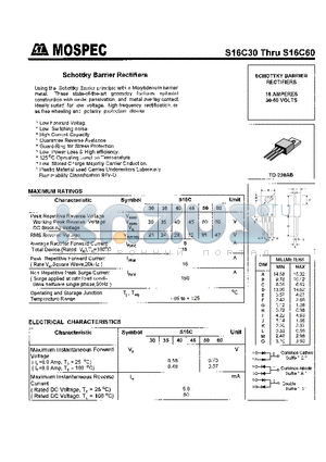 S16C40 datasheet - SCHOTTKY BARRIER RECTIFIERS(16A,30-60V)