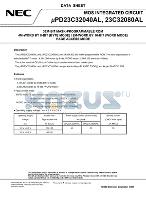 UPD23C32080ALGY-XXX-MKH datasheet - 32M-BIT MASK-PROGRAMMABLE ROM 4M-WORD BY 8-BIT (BYTE MODE) / 2M-WORD BY 16-BIT (WORD MODE) PAGE ACCESS MODE