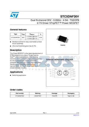STC5DNF30V datasheet - Dual N-channel 30V - 0.032 - 4.5A - TSSOP8 2.7V-Driver STripFET Power MOSFET