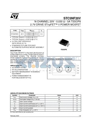 STC5NF20V datasheet - N-CHANNEL 20V - 0.030ohm - 5A TSSOP8 2.7V-DRIVE STripFET II POWER MOSFET