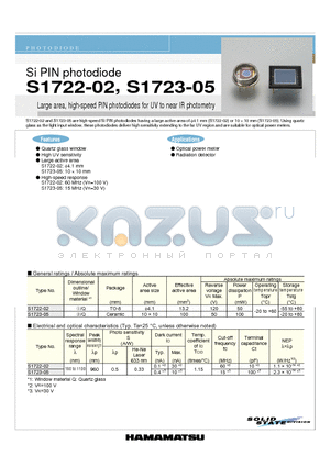 S1723-05 datasheet - Si PIN photodiode Large area, high-speed PIN photodiodes for UV to near IR photometry