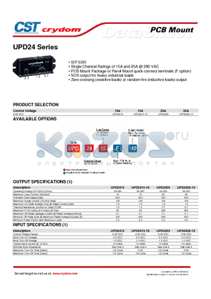 UPD2425 datasheet - SIP SSR Single Channel Ratings of 15A and 25A @ 280 VAC