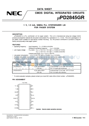 UPD2845GR datasheet - 1 V, 1.3 mA, 94MHz PLL SYNTHESIZER LSI FOR PAGER SYSTEM