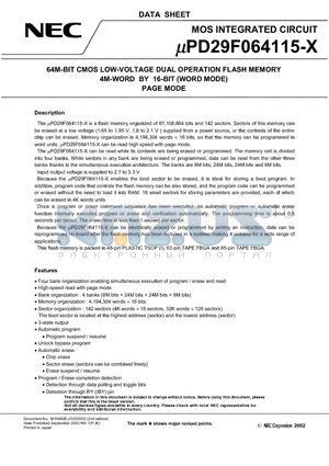 UPD29F064115F9-CD6 datasheet - 64M-BIT CMOS LOW-VOLTAGE DUAL OPERATION FLASH MEMORY 4M-WORD BY 16-BIT (WORD MODE) PAGE MODE