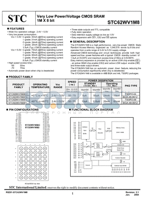 STC62WV1M8EIG55 datasheet - Very Low Power/Voltage CMOS SRAM 1M X 8 bit