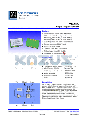 VS-505_10 datasheet - VS-505 Single Frequency VCSO