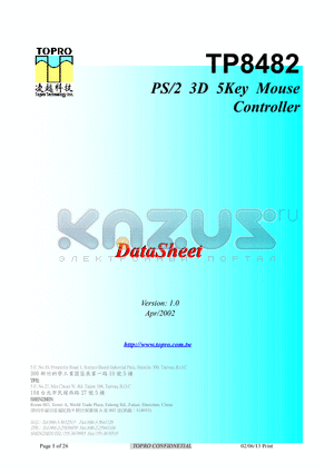 TP8482 datasheet - PS/2 3D 5KEY MOUSE CONTROLLER