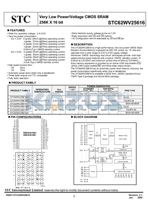 STC62WV25616 datasheet - Very Low Power/Voltage CMOS SRAM 256K X 16 bit
