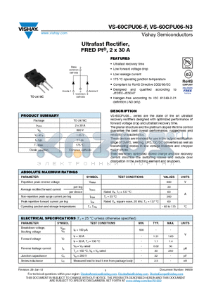 VS-60CPU06-F datasheet - Ultrafast Rectifier, FRED Pt, 2 x 30 A