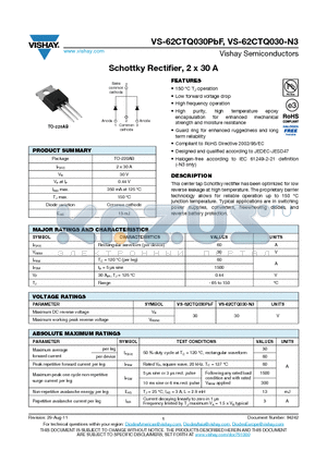 VS-62CTQ030PBF datasheet - Schottky Rectifier, 2 x 30 A