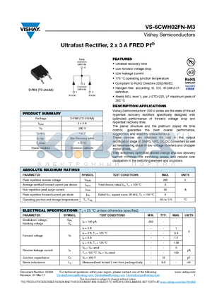 VS-6CWH02FN-M3 datasheet - Ultrafast Rectifier, 2 x 3 A FRED Pt^