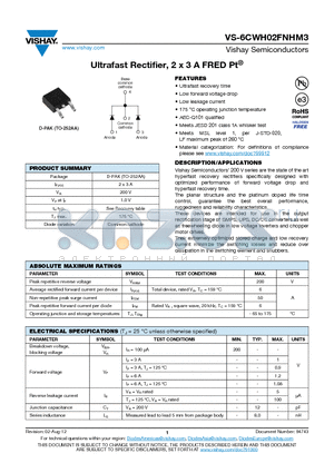 VS-6CWH02FNTRRHM3 datasheet - Ultrafast Rectifier, 2 x 3 A FRED Pt^