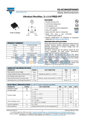 VS-6CWH02FNTRHM3 datasheet - Ultrafast Rectifier, 2 x 3 A FRED Pt^