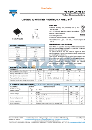 VS-6EWL06FN-E3 datasheet - Ultralow VF Ultrafast Rectifier, 6 A FRED Pt^