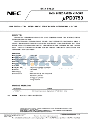 UPD3753CY-A datasheet - 2088 PIXELS CCD LINEAR IMAGE SENSOR WITH PERIPHERAL CIRCUIT