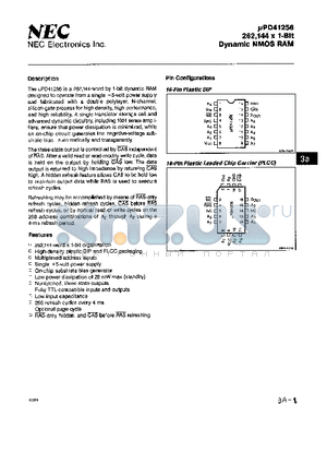 UPD41256C-10 datasheet - 262144 X 1-BIT DYNAMIC NMOS RAM