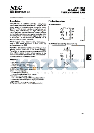 UPD41257 datasheet - 262144 X 1-BIT DYNAMIC NMOS RAM