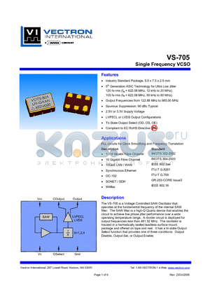 VS-705-MGF-GBBN datasheet - Single Frequency VCSO