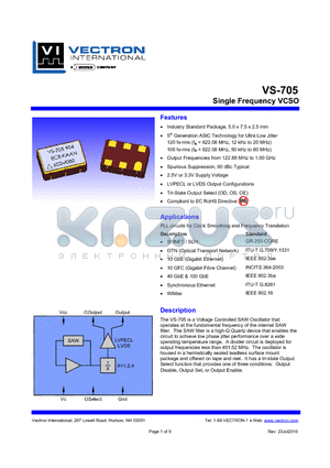 VS-705_10 datasheet - Single Frequency VCSO