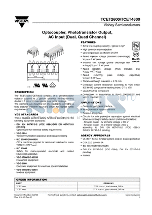 TCET2600 datasheet - Optocoupler, Phototransistor Output, AC Input (Dual, Quad Channel)