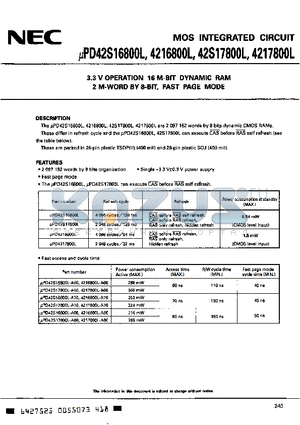 UPD4216800LLE-A80 datasheet - 3.3 V OPERATION 16 M-BIT DYNAMIC RAM 2 M-WORD BY 8-BIT, FAST PAGE MODE