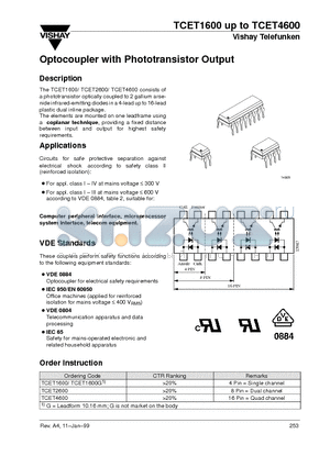 TCET4600 datasheet - Optocoupler with Phototransistor Output