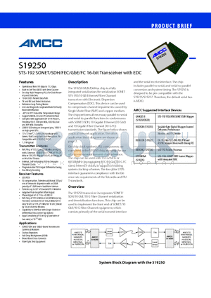 S19250 datasheet - STS-192 SONET/SDH/FEC/GbE/FC 16-bit Transceiver with EDC