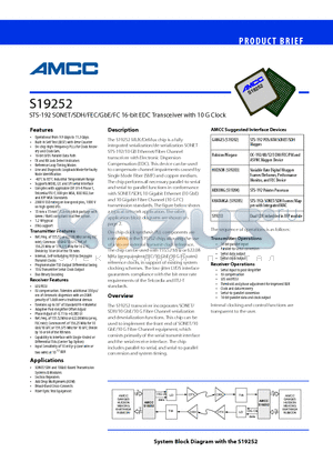 S19252 datasheet - STS-192 SONET/SDH/FEC/GbE/FC 16-bit EDC Transceiver with 10 G Clock