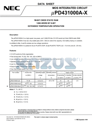 UPD431000AGW-70X datasheet - 1M-BIT CMOS STATIC RAM 128K-WORD BY 8-BIT EXTENDED TEMPERATURE OPERATION