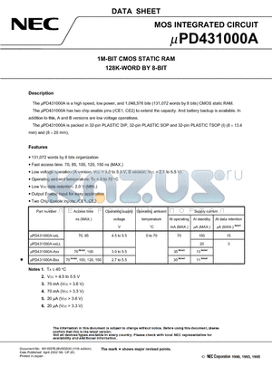 UPD431000AGW-70L datasheet - 1M-BIT CMOS STATIC RAM 128K-WORD BY 8-BIT